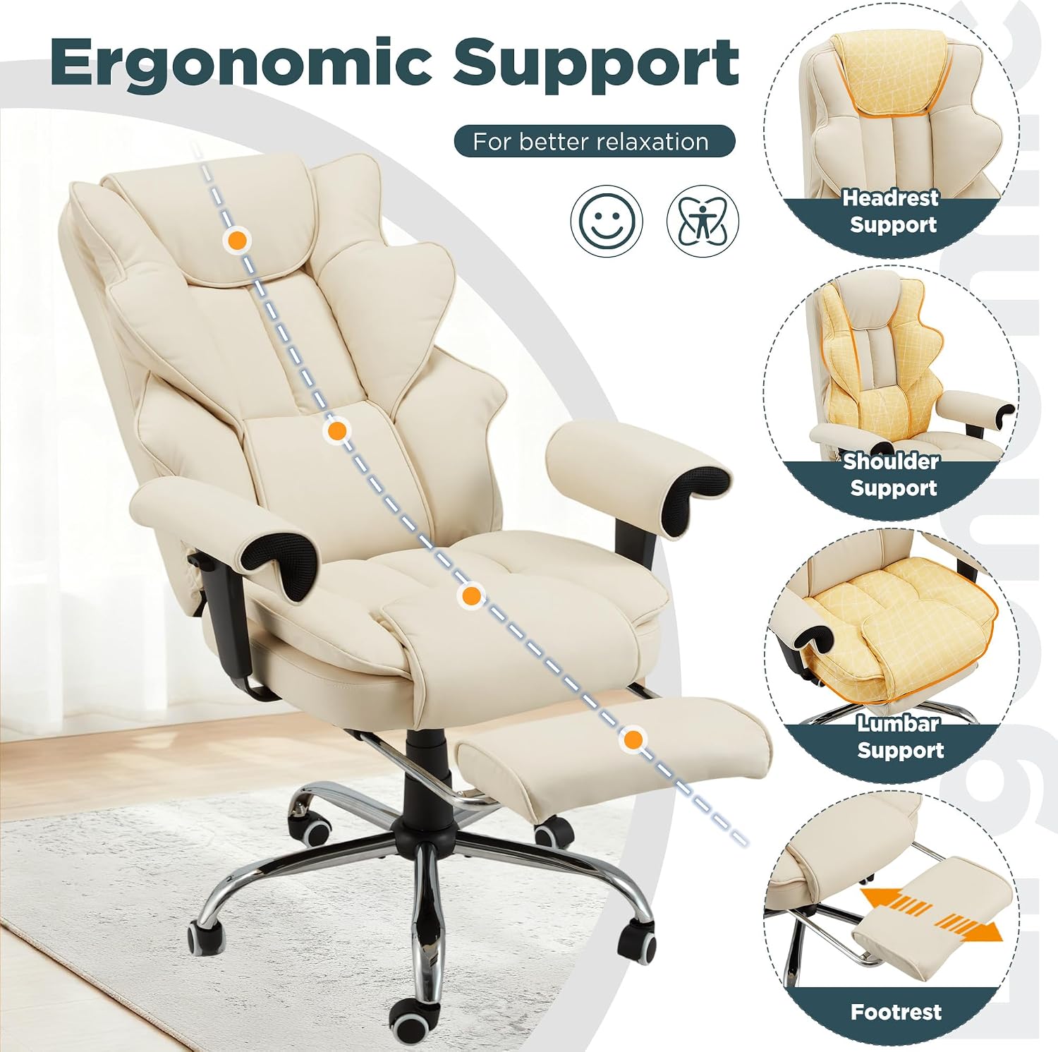 HOMREST Ergonomic Executive Office Chair, 6-Point Massage Manager Chair with Heating Function, Adjustable Backrest Home Office Chair with Adjustable Footrest and Armrests (Beige)