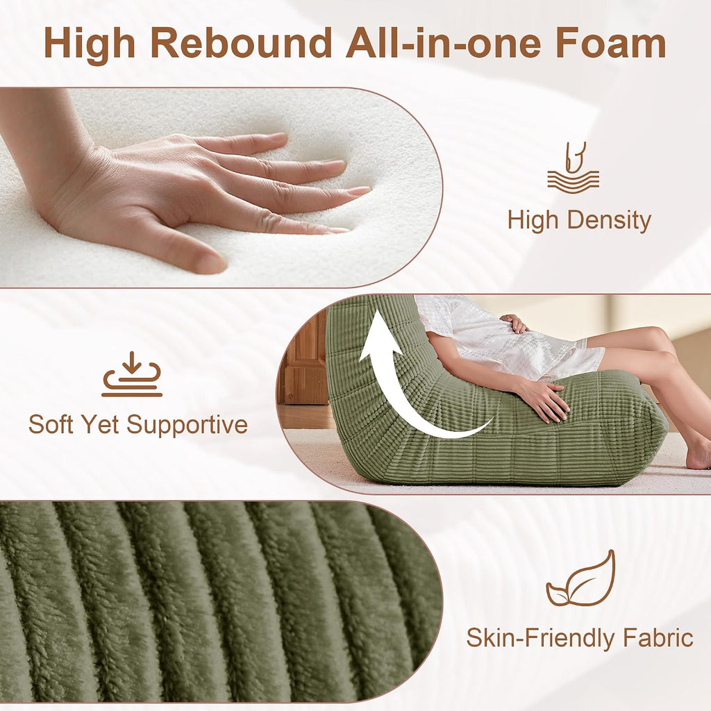 Bean Bag Chair for Adults, Giant Bean Bag Chairs with Lumbar Pillow, Oversized Corduroy Memory Foam Boneless Chair with High-Rebound, Lazy Floor Sofa for Reading Gaming Living Room Bedroom, Green