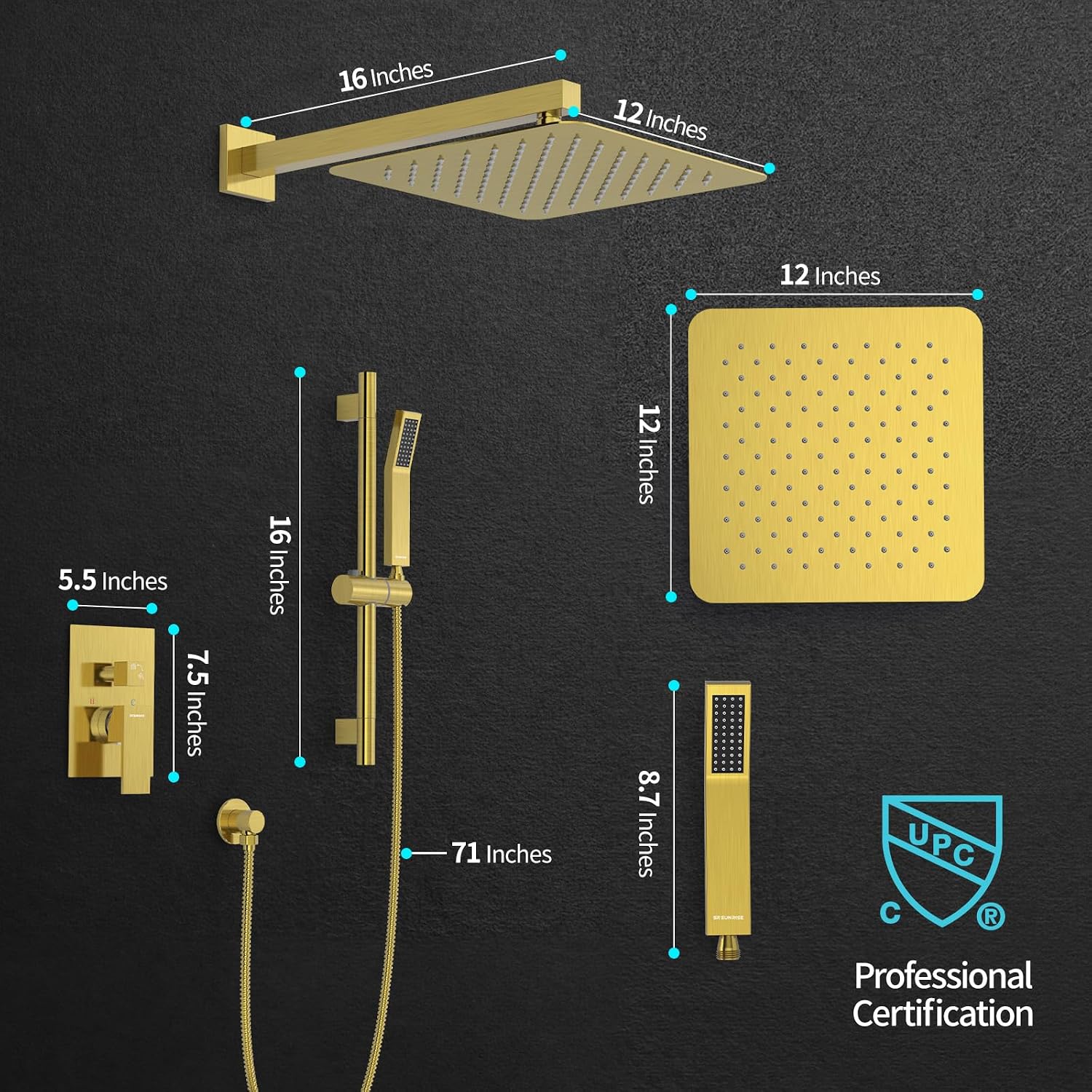 SR SUN RISE 12 Inch Brushed Gold Shower Faucet Set, Wall-Mount Adjustable 16-Inch Slide Bar with Square Hand Shower System Included Valve and Trim Kit