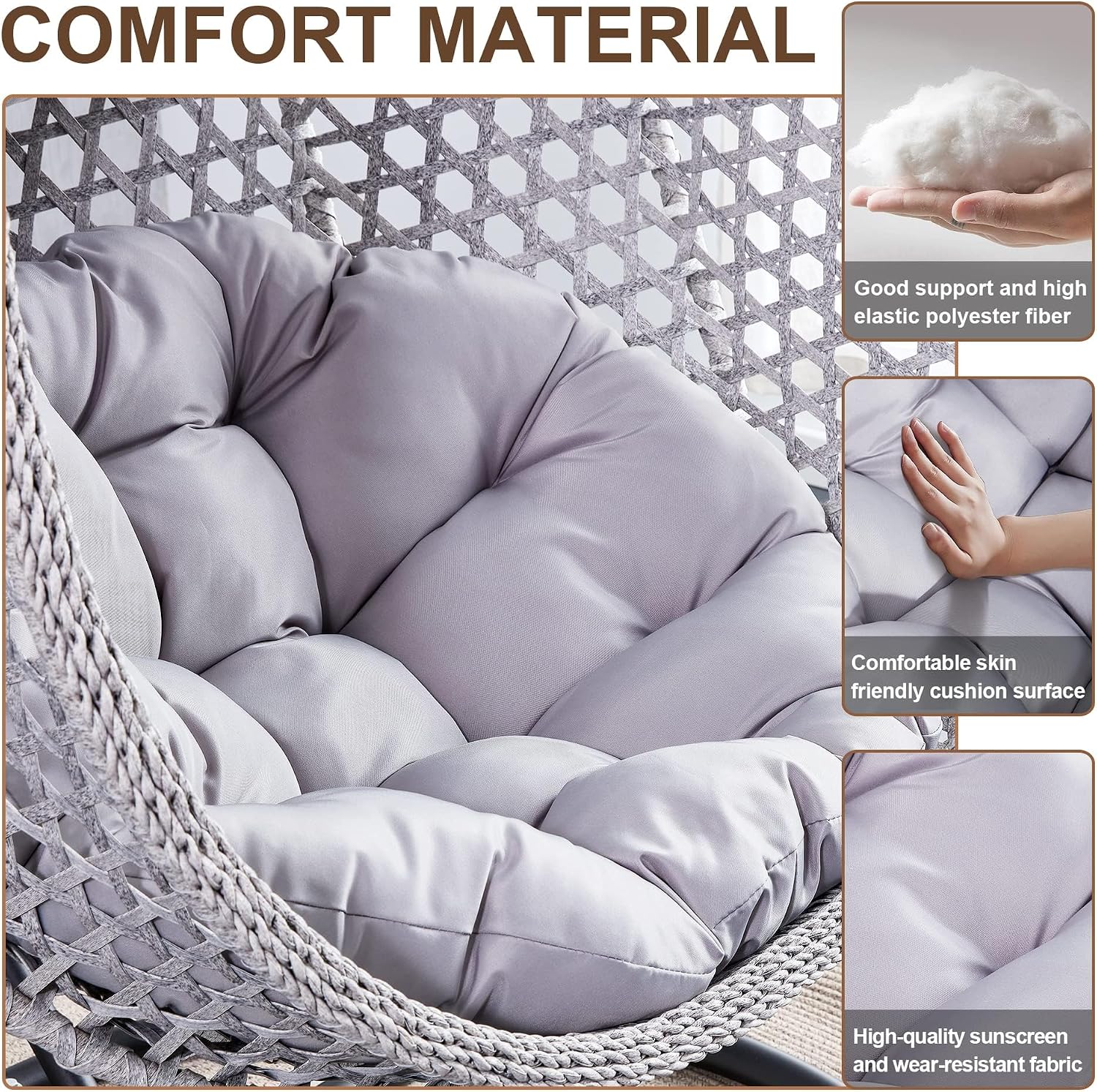 Egg Swing Chair with Stand,Grey Hanging Egg Chair with Stand, Rattan Swing Egg with Soft Cushion, Outdoor Hanging with Foldable Basket & Metal Stand for Bedroom Patio (Gray)