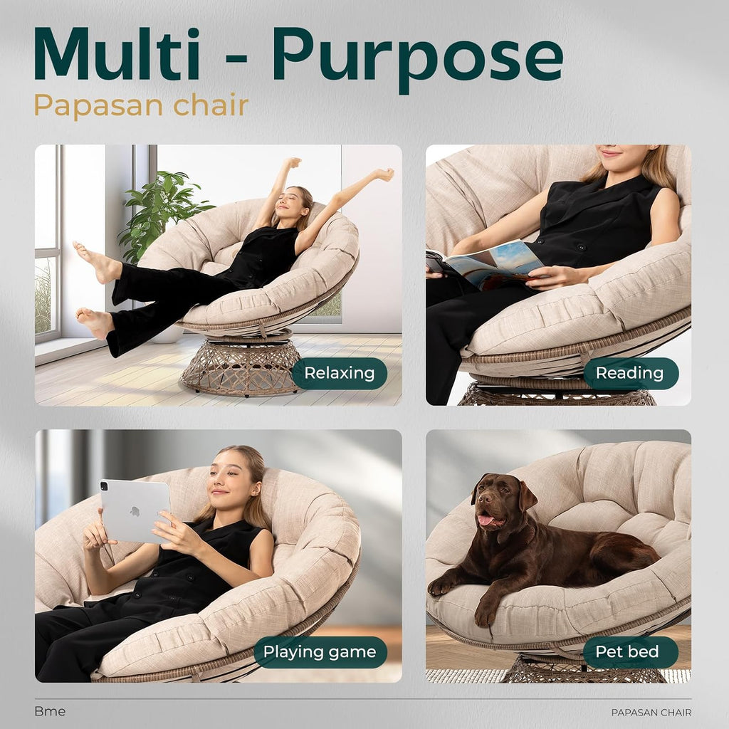 Bme 46' Large Size Ergonomic Wicker Papasan Chair with Soft Thick Density Fabric Cushion, Bee-Designed Base, High Capacity Steel Frame, 360 Degree Swivel for Living, Bedroom,...