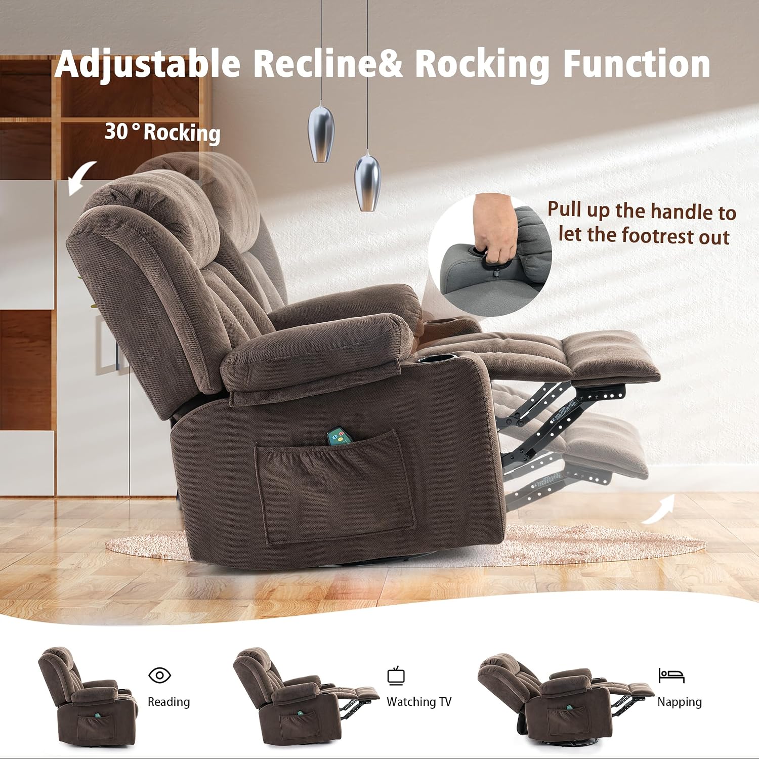 Ketaiyou Rocker Swivel Recliner Chair for Adults, Overstuffed Large Manual Recliner Glider with Massage and Heat, Comfy Soft Fabric Living Room Reclining Sofa Chair (Cocoa1)