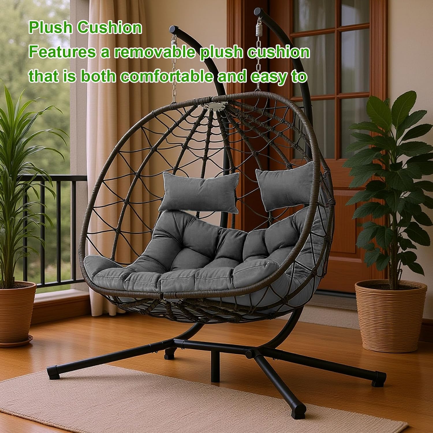 Egg Swing Chair with Stand 2Person Hanging Wicker Hammock Chair for Indoor & Outdoor Relaxation with Strong Load Bearing and Comfortable Cushion