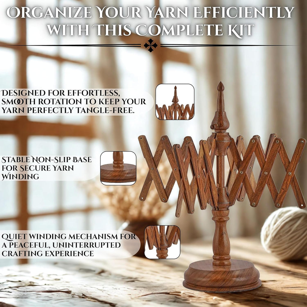 Brainmart Rosewood Yarn Winder & Swift with Wooden Yarn Bowl – 30pcs Crochet Kit | Handcrafted Wooden Ball Winder, Crochet Hooks Set, Bobbins, Weaving Needles for Knitting, Crocheting & Weaving
