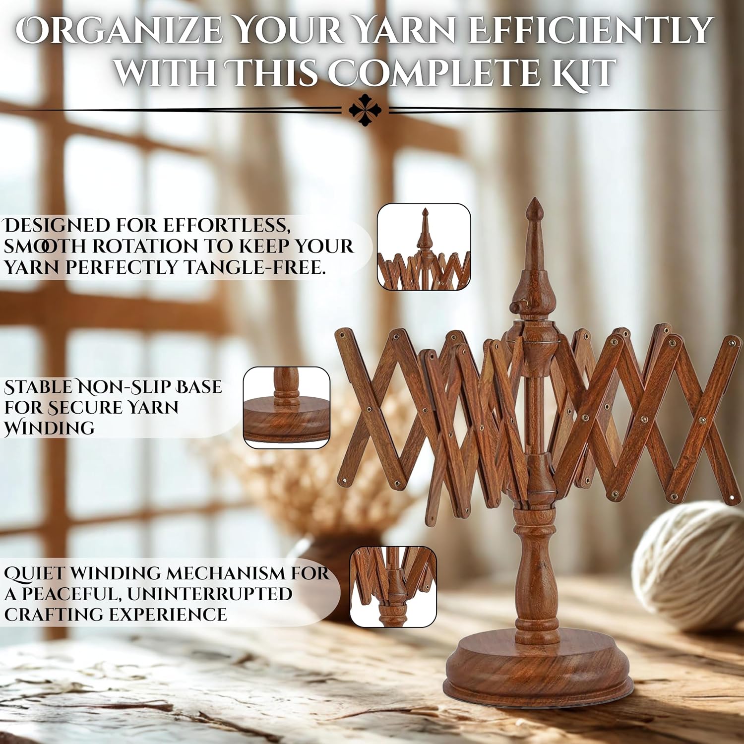 Brainmart Rosewood Yarn Winder & Swift with Wooden Yarn Bowl – 30pcs Crochet Kit | Handcrafted Wooden Ball Winder, Crochet Hooks Set, Bobbins, Weaving Needles for Knitting, Crocheting & Weaving