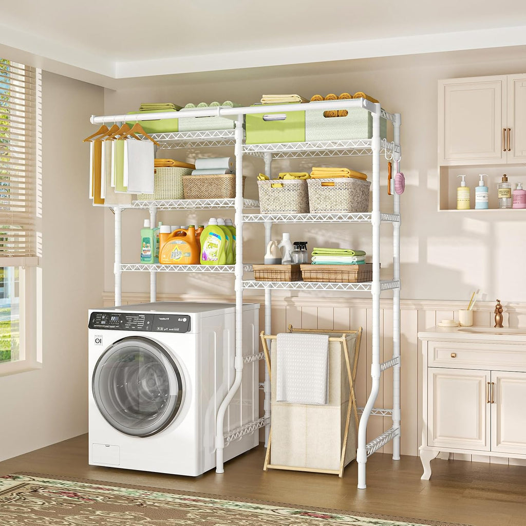 Ulif U13 Over Washer and Dryer Storage Shelves, 6 Tiers Laundry Room Standing Shelf with 2 Hanger Rods, Space Saver Clothes Drying Rack, 63.4' W x 22' D x 77.4' H, White