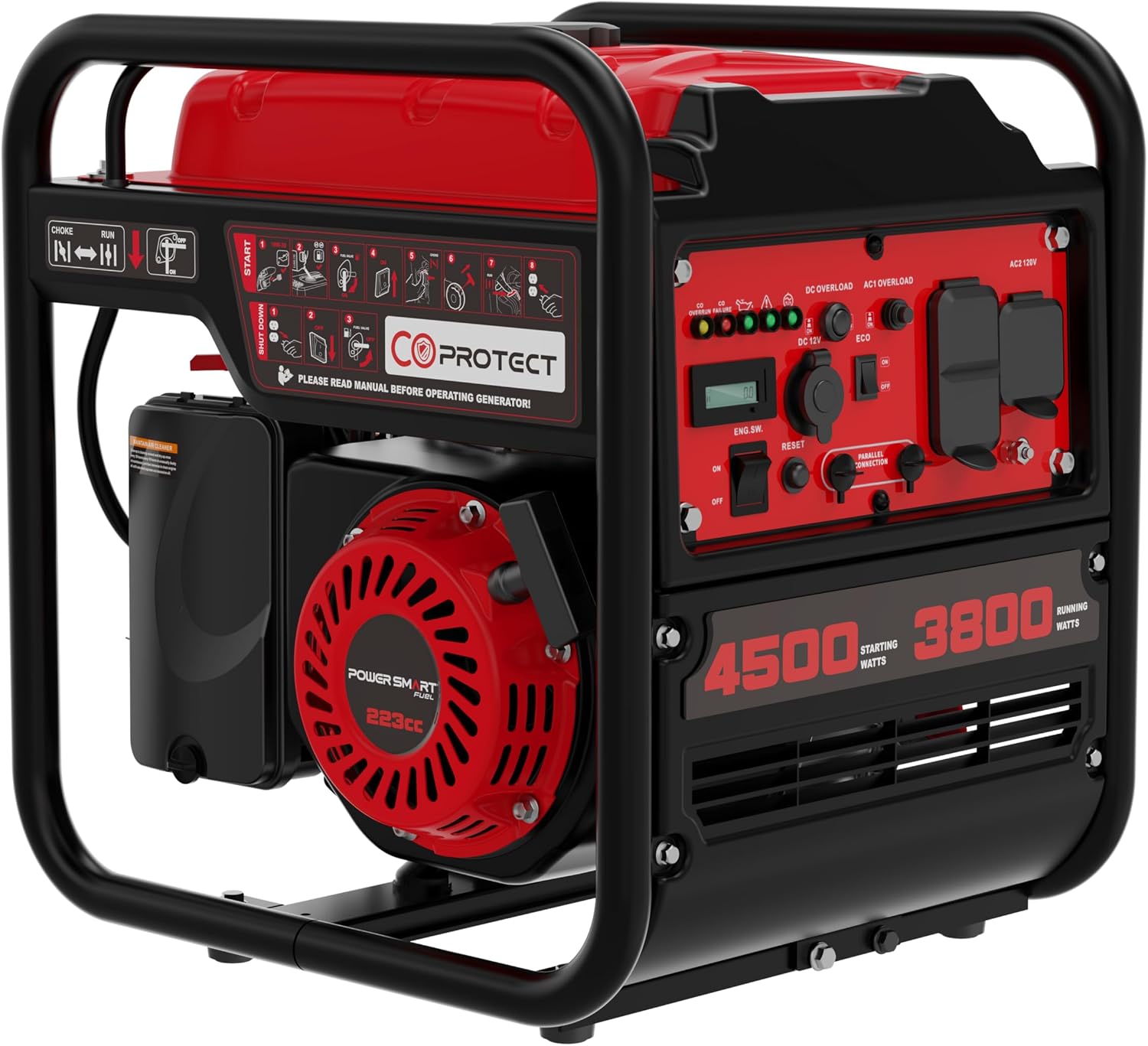 PowerSmart 4500W Portable Inverter Generator, 3800W Rated Super Quiet Gas Powered Engine with CO Alarm, Parallel Ready, 223cc, Clean Power for Sensitive Electronics, RV Ready & Emergency Home Backup