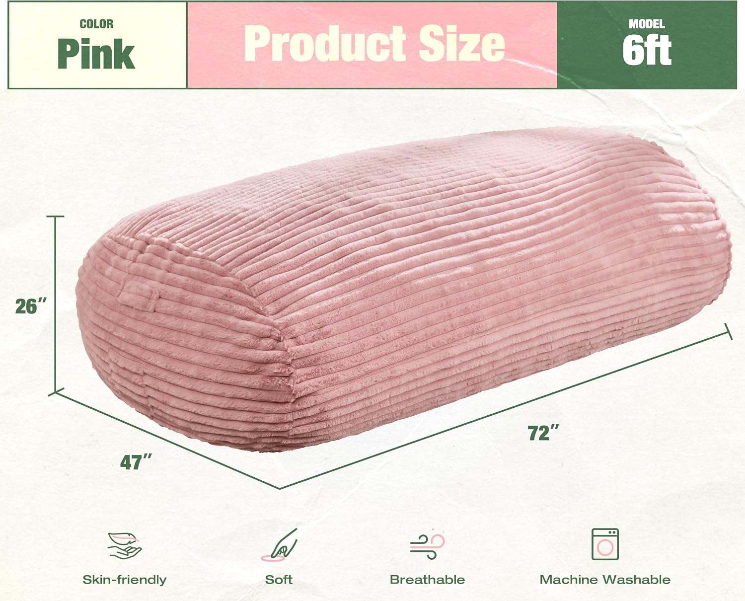 Hobestluk 6FT Bean Bag Chairs Adult Bean Bag with Portable Handle Comfy Large Bean Bag Lounge Chair with Removable Cover for Living Room Bedroom (Stripe Pink, 6FT)