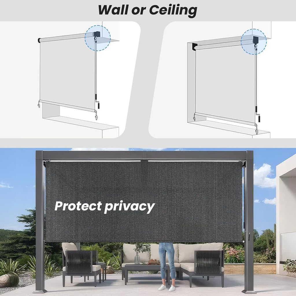 10'W x 8'H Gray Outdoor Roller Shade with Crank Wand Patio Shades Roll up, Privacy Protection & UV Blocking for Pergola | Gazebo