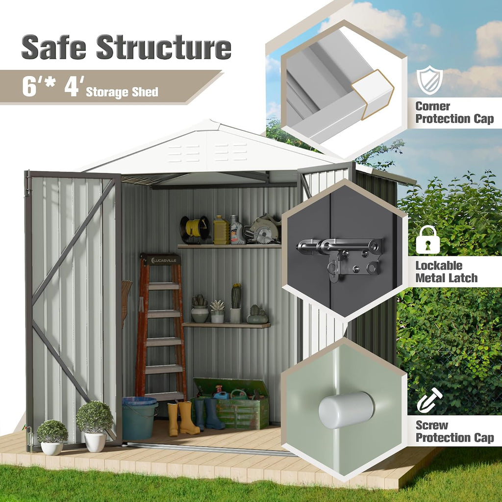 JUMMICO Metal Outdoor Storage Shed 6 x 4 FT Metal Shed with Lockable Door,Waterproof Garden Tool Shed Storage House for Backyard Patio Lawn,Grey