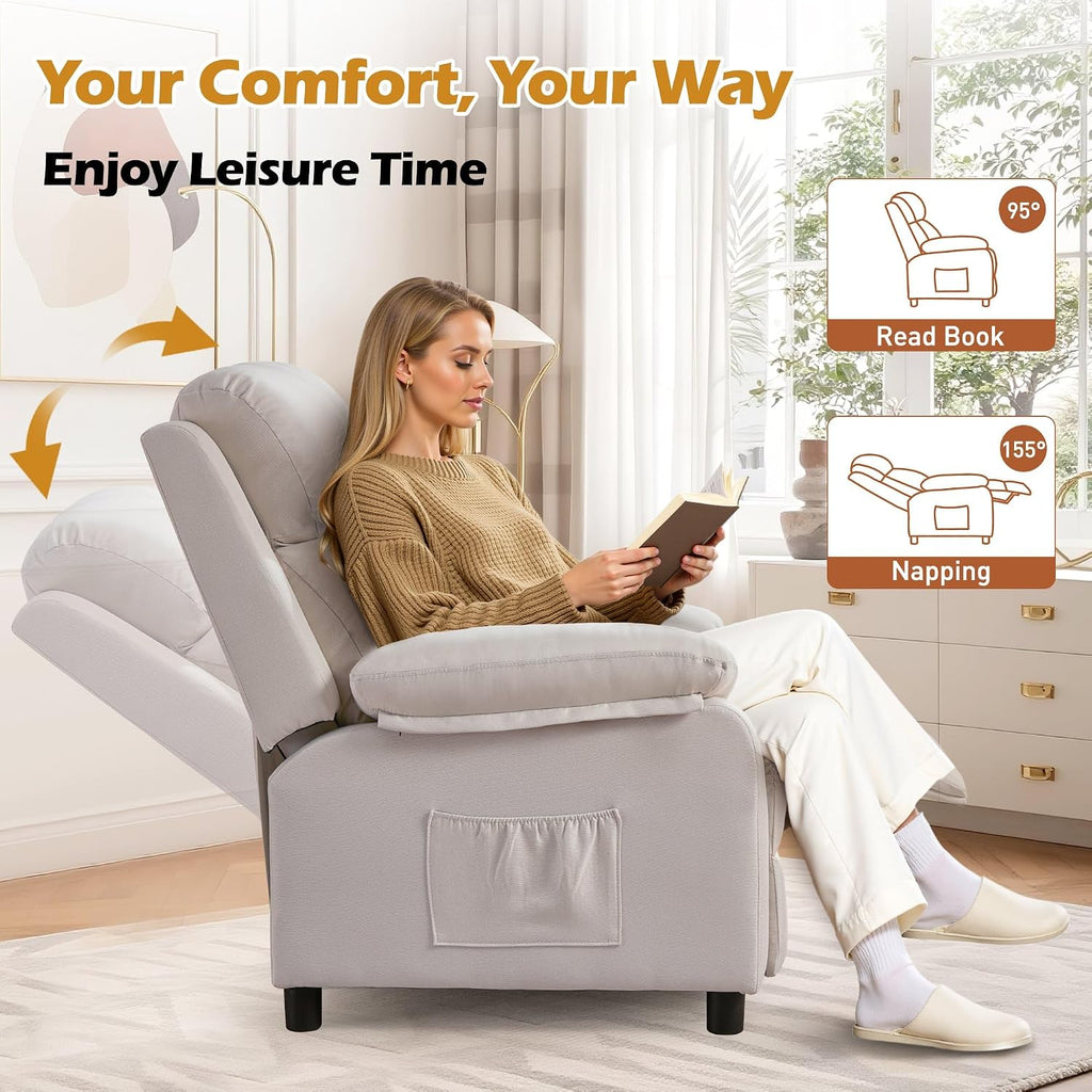 Korser Recliner Chair, Living Room Chairs for Adults, Padded Deep Seat Reading Chair with Side Pockets, Small Recliners for Small Spaces, Lounge Chair for Living Room, Bedroom, and RV (Linen)