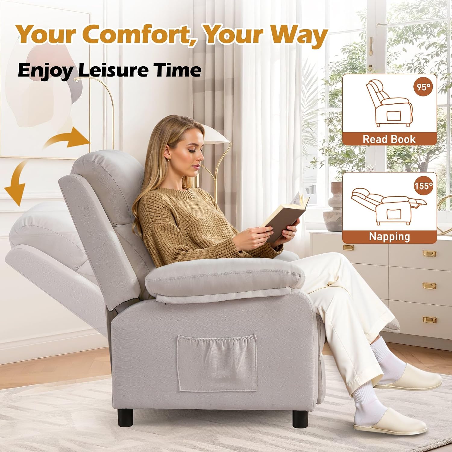 Korser Recliner Chair, Living Room Chairs for Adults, Padded Deep Seat Reading Chair with Side Pockets, Small Recliners for Small Spaces, Lounge Chair for Living Room, Bedroom, and RV (Linen)