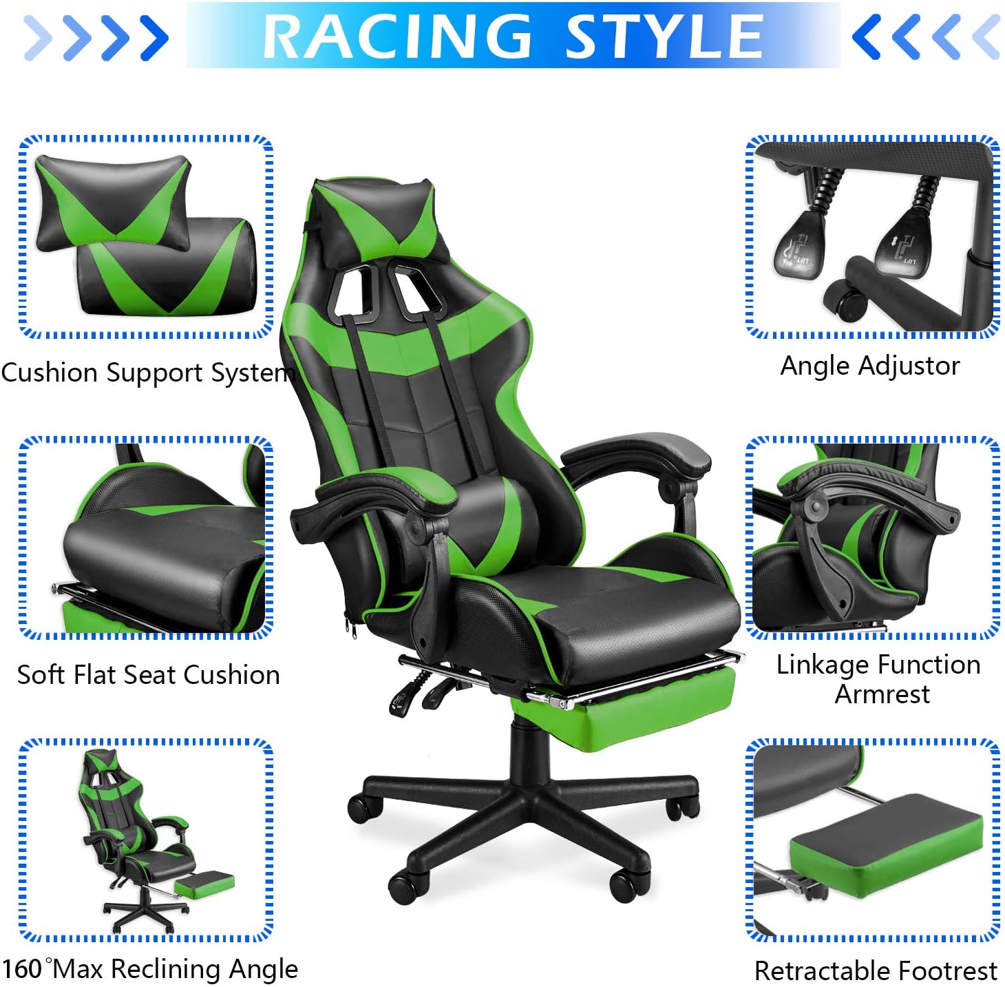 Soontrans Green Gaming Chairs with Footrest,Ergonomic PC Computer Game Chair,Home Office Desk Chair with Headrest and Lumbar Support Gamer Chair for Adult