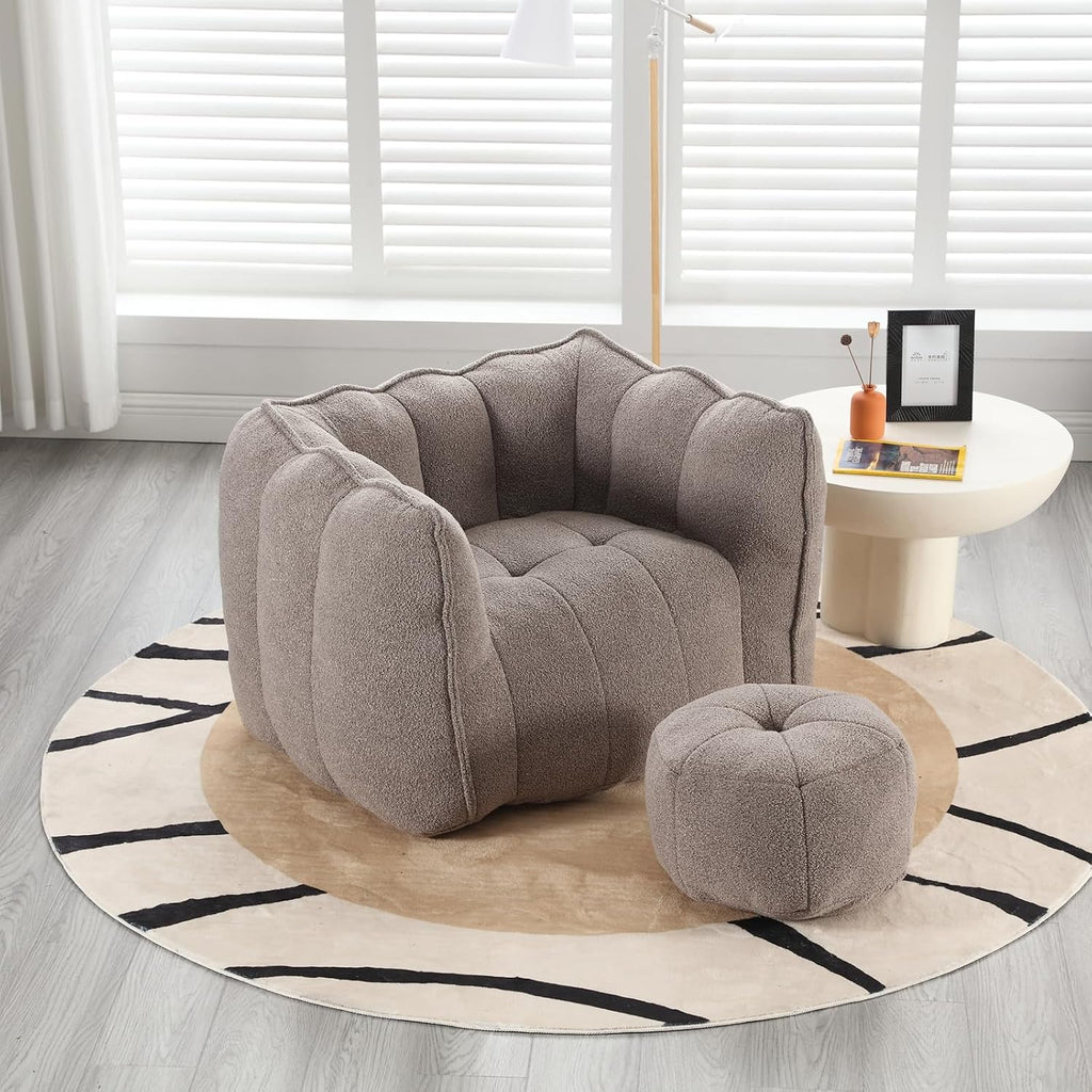 Giant Bean Bag Chair with Ottoman, Oversized Beanbag Chair for Adults, Comfy Floor Sofa Chair with Foam Filler, Pumpkin Lazy Lounger for Living Room, Game Room, Reading Corner, Chenille Taupe Brown