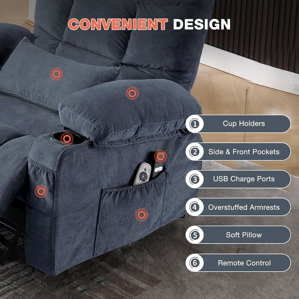 MAHOMICO Power Lift Recliner Chair for Elderly with Vibration Massage and Lumbar Heating, Electric Lift Recliner Single Sofa with Side Pocket, Two Cup Holders and USB Charge Port for Living Room