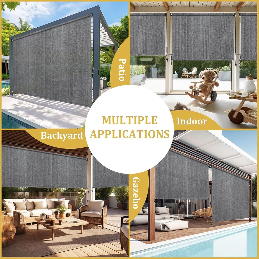 Shade&Beyond Outdoor Roller Shades with Splicing Design, 30' W x 96' H Exterior Cordless Patio Roll Up Blinds for Porch, Gazebo, Pergola, Balcony, Grey