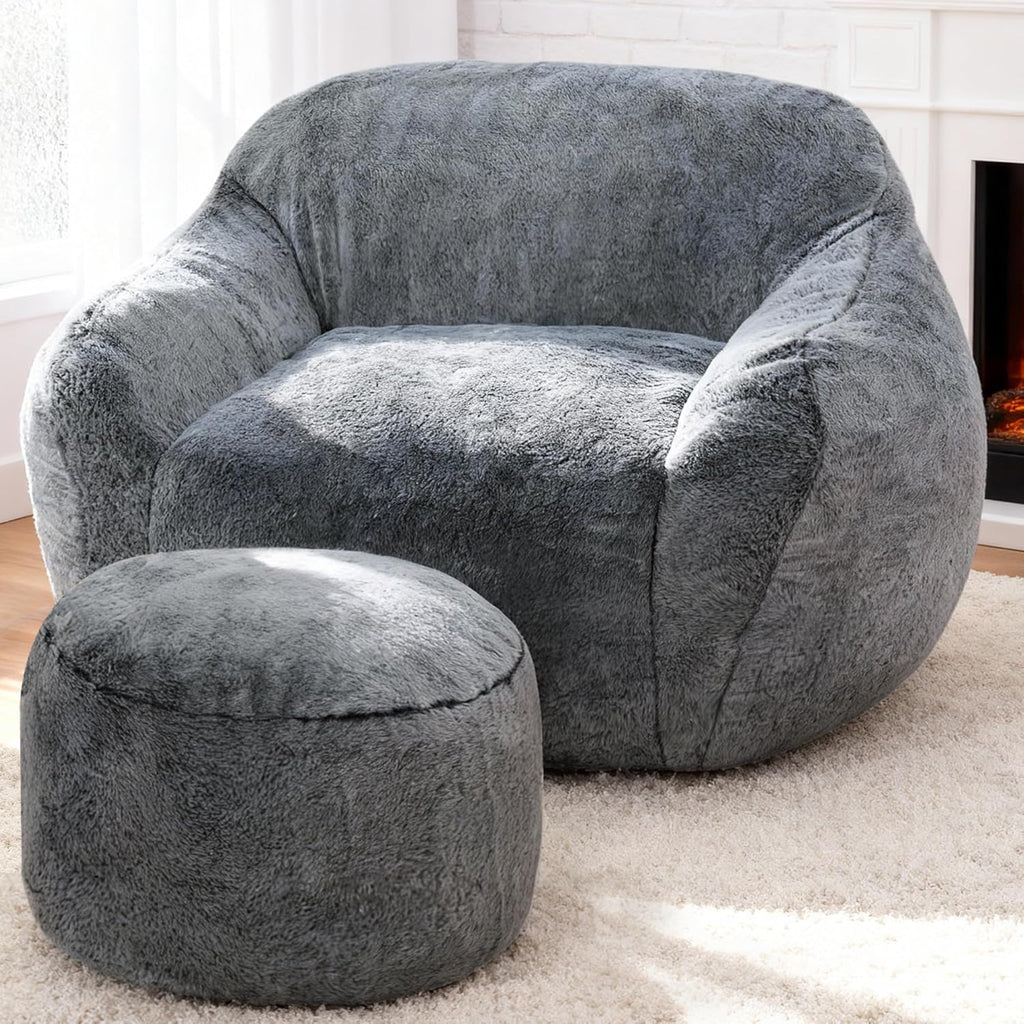 Giant Bean Bag Chair for Adults, Large Memory Foam BeanBag Chairs, Oversized Bean Bag Sofa with Filler, Faux Fur Big Reading Chair Comfy Floor Sofa Chair (Grey, Single with Ottoman)