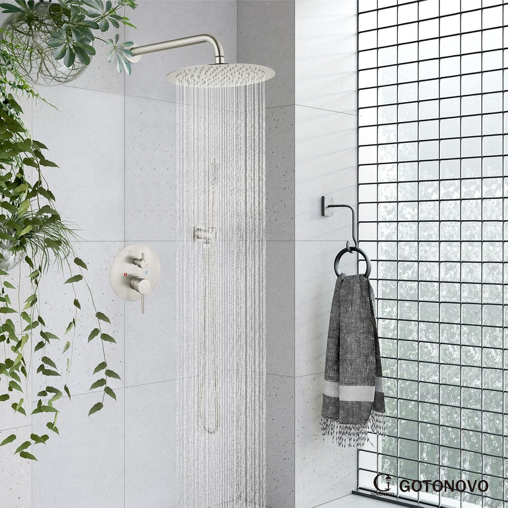 gotonovo Shower System 10 Inch Round Rainfall Showerhead Wall Mounted High Pressure Shower Faucet Set Fixture Combo with Rough in Valve and Cylindrical Handheld Spray, Brushed Nickel