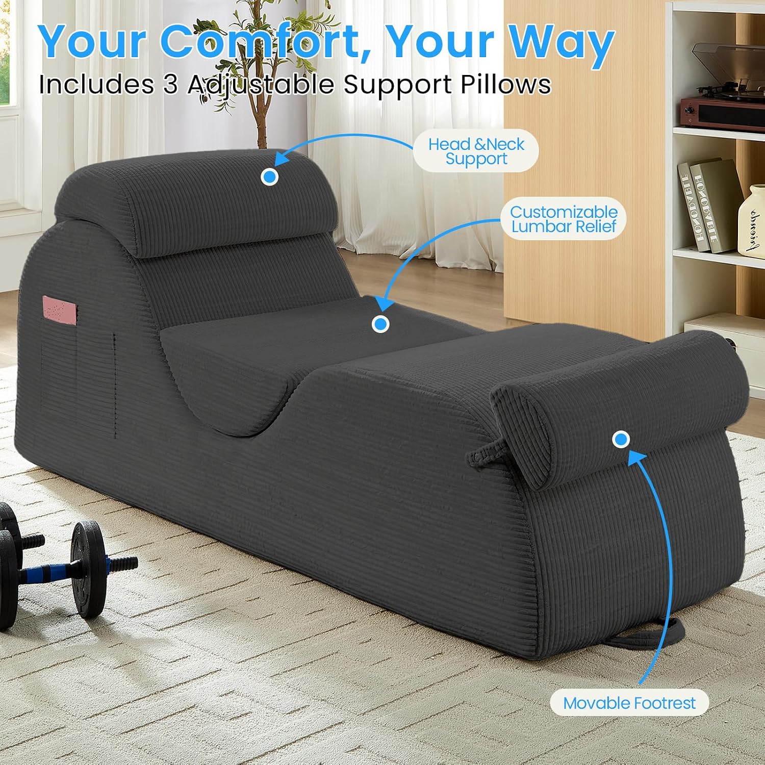 ijuicy 25' Wide Ergonomic Stretch Yoga Chair, Modern Floor Relax Chaise Lounge Chair with Adjustable Headrest, Waist Support Cushion, Movable Footrest & Side Pockets-Light Grey