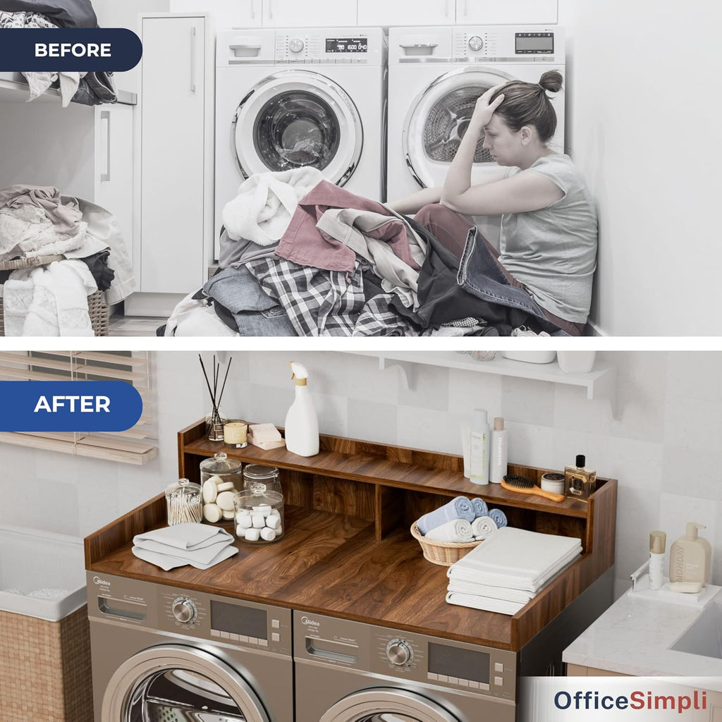 OfficeSimpli Large Washer Dryer Countertop with Shelf, 30 x 58 Inch Made in USA Laundry Countertop Over Washer and Dryer with Non-Slip Pads, Storage Shelf, Laundry Topper Organizer, California Walnut