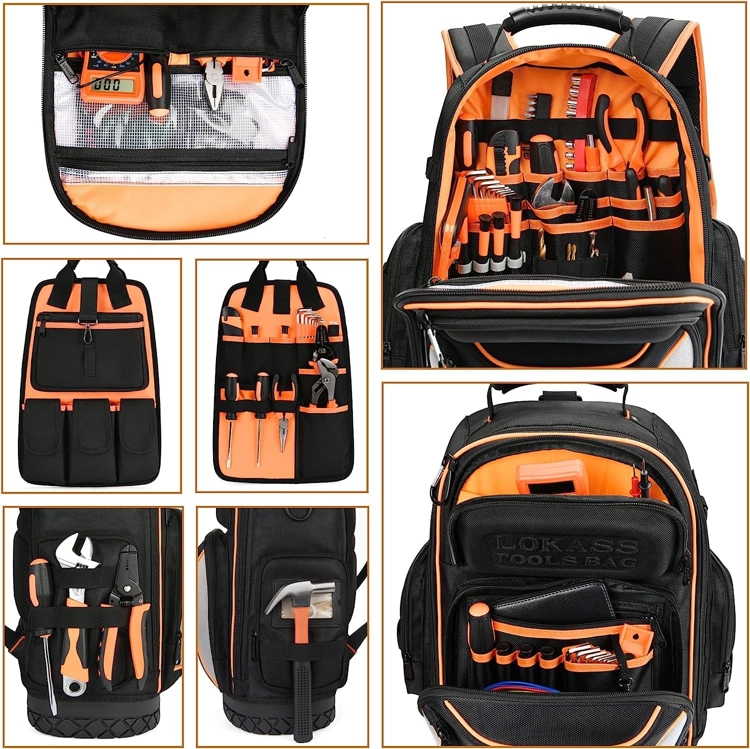 Tool Bag Backpack with 2 Canvas Tool Pouch Tool Kit, 75 Pockets & Loops Heavy Duty Tools Organizer/HVAC Tool Carrier for Eelectrician/Construction Work with Molded Base and Combination Lock, Black