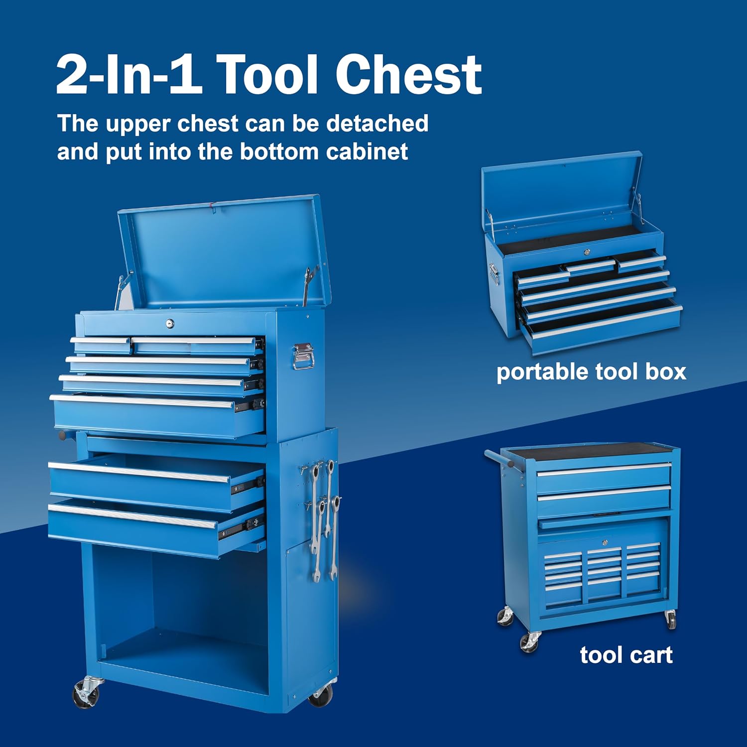 Tool Chest, 8-Drawer Rolling Tool Storage Cabinet with 2 in 1 Detachable Top Tool Box, Liner, Lockable Wheels, Side Hooks, Metal Tool Cart for Garage (8-Drawer Blue)