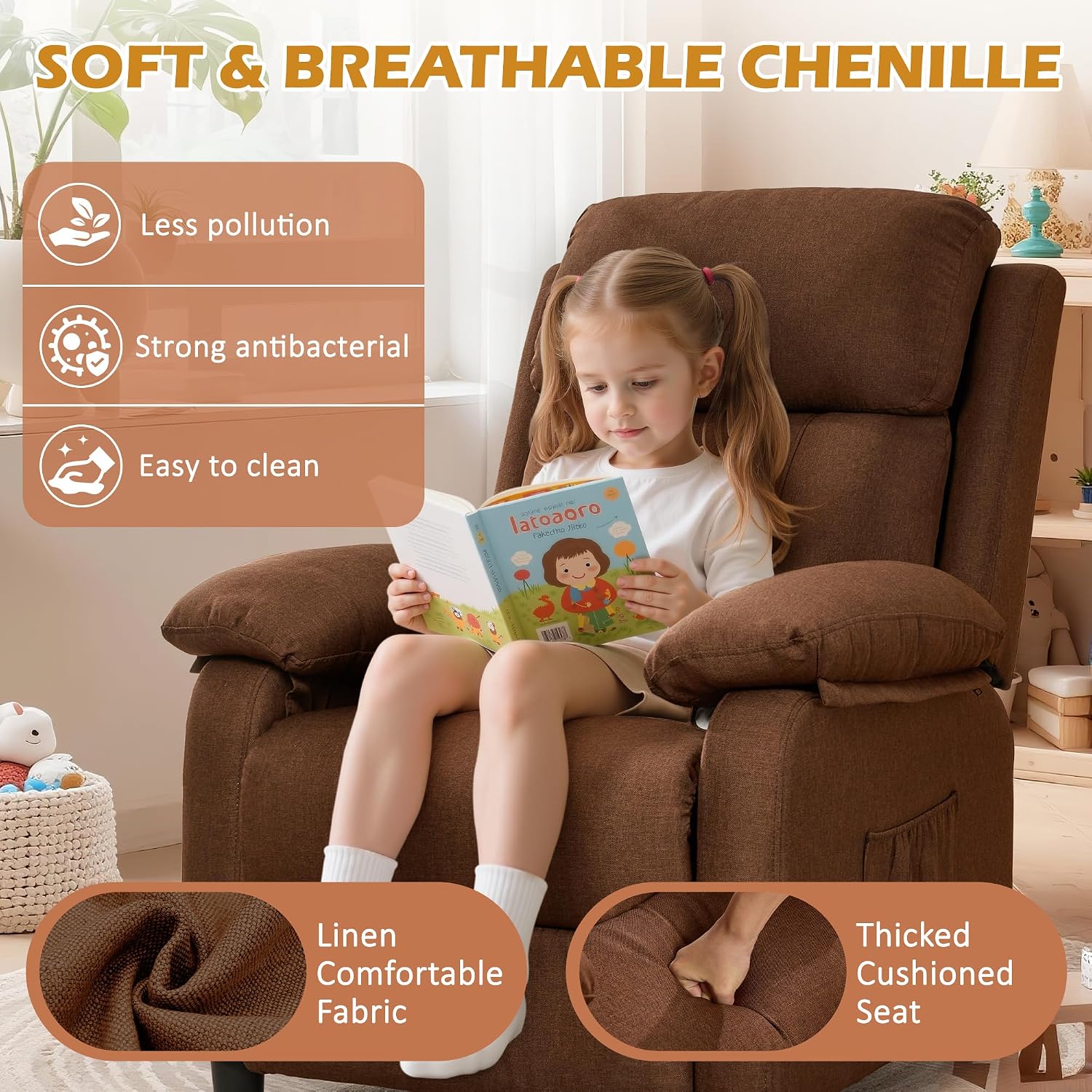 Korser Recliner Chair, Living Room Chairs for Adults, Padded Deep Seat Reading Chair with Side Pockets, Small Recliners for Small Spaces, Lounge Chair for Living Room, Bedroom, and RV (Linen)