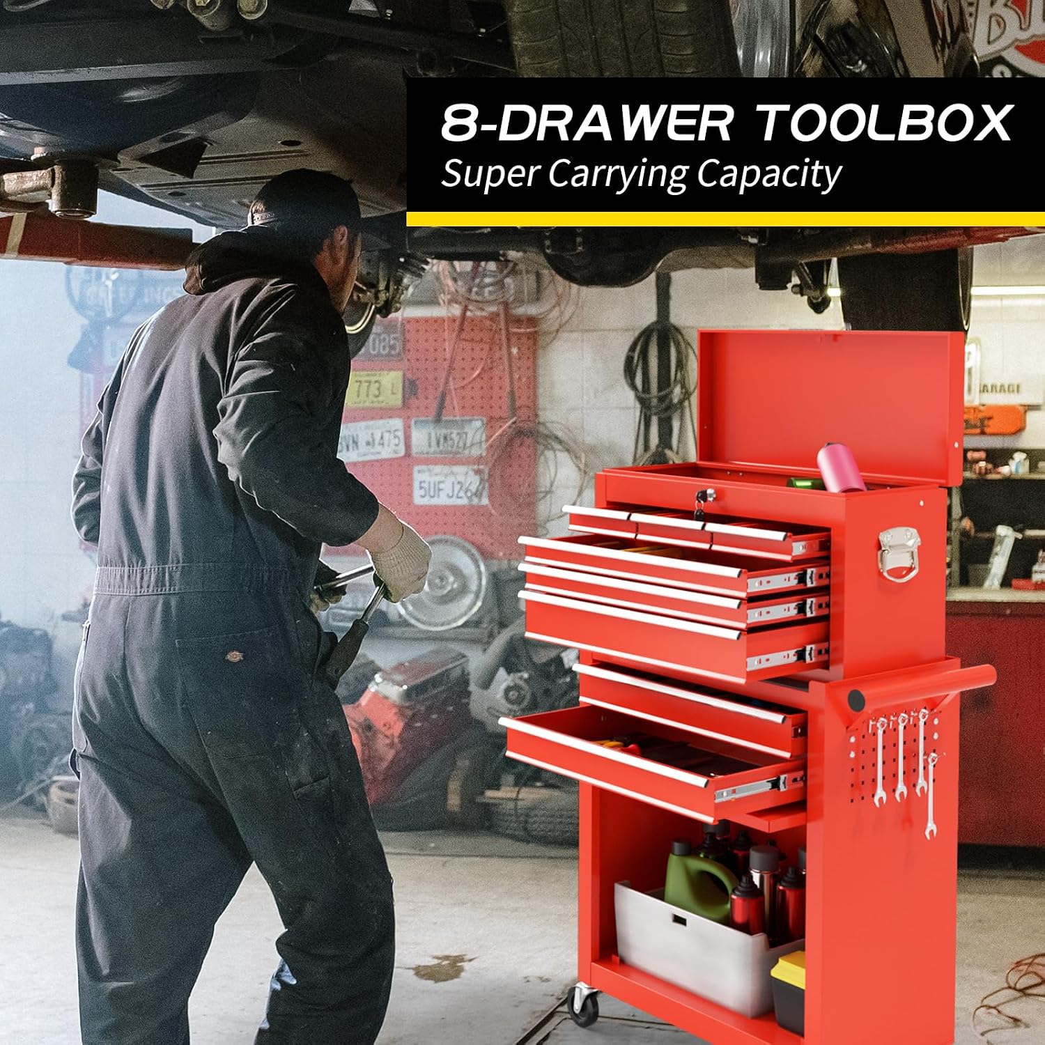 On Shine 8 Drawer Rolling Tool Chest, Large Capacity Rolling Tool Box with Wheels, Locking Mechanical Tool Chest, Portable Tool Box with Sliding Drawers,Metal Tool Box for Garage Workshop (Red)
