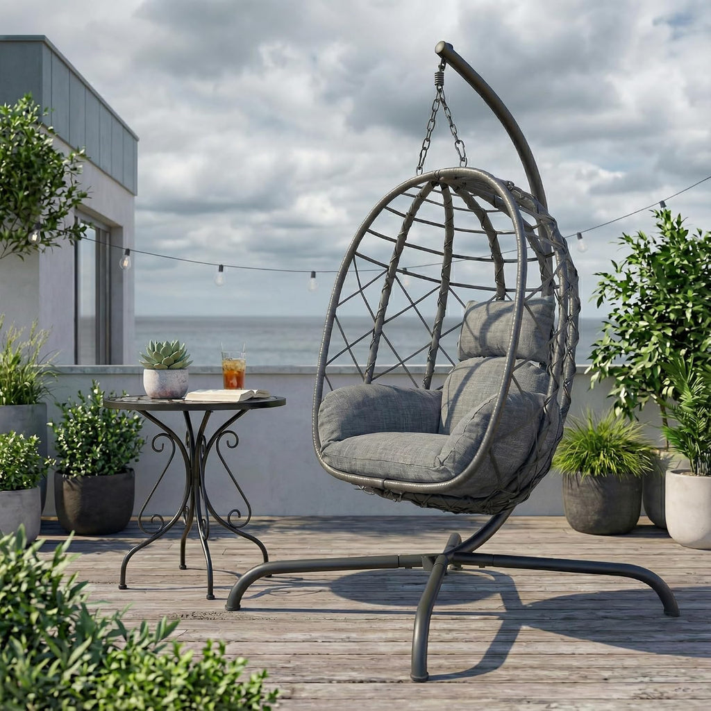 Foldable Hanging Egg Chair with Stand - Wicker Swing Hammock Chair with Cushion - for Patio Porch Balcony Weight Capacity 350lbs (Light Gray)