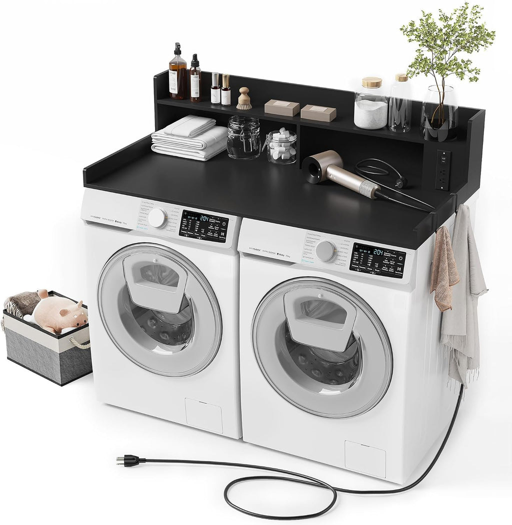 Upgraded 2-Tier Washer and Dryer Countertop with Power Outlet,54' W x 27.6' D Large Laundry Countertop for Fold Clothes, Laundry Topper with Non-Slip Pads & Metal Hooks and Storage Basket