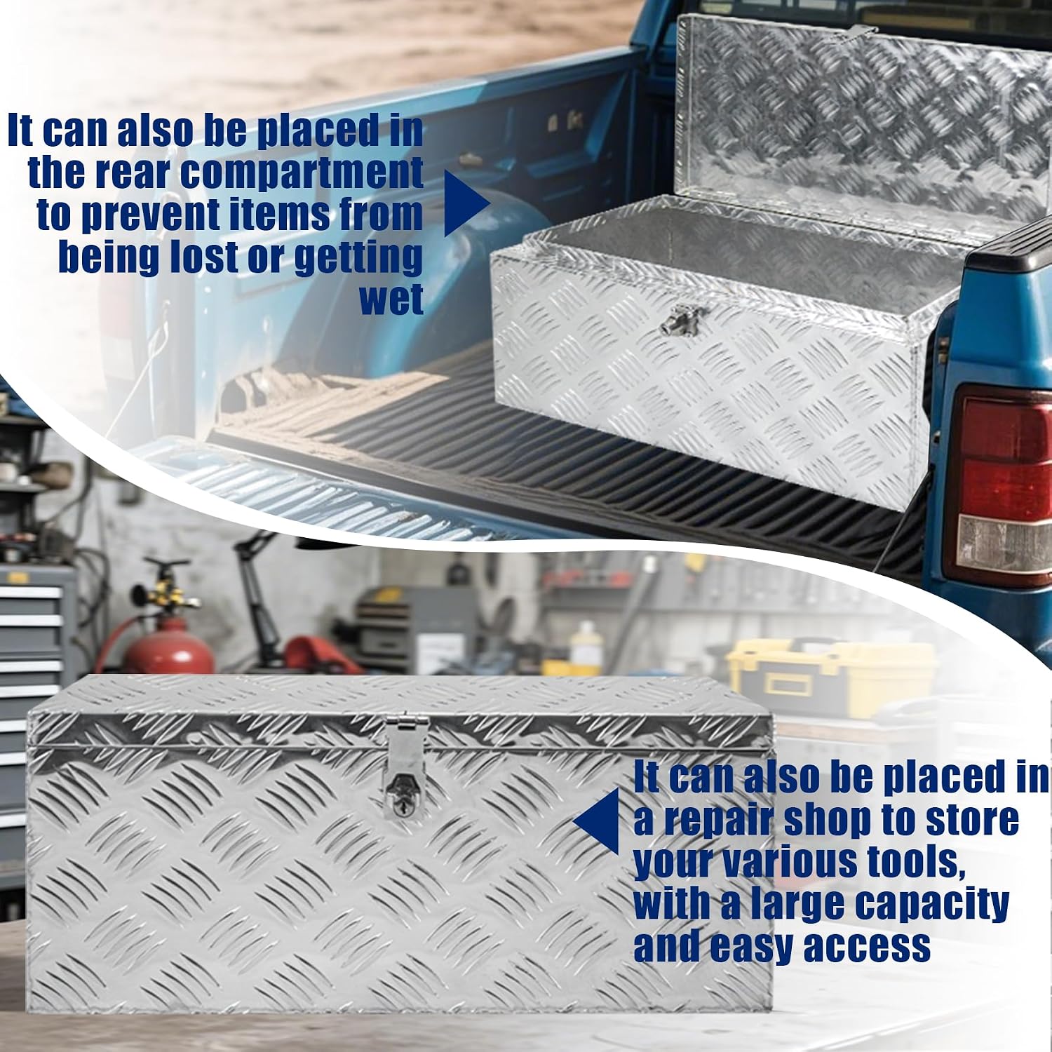 Aluminum Underbody Truck Box 32'×18'×14' Pick up Square Storage Toolbox Heavy Duty Diamond Plate Tool Boxes with Side Handle Buckle Lock and Keys for Storage and Organization