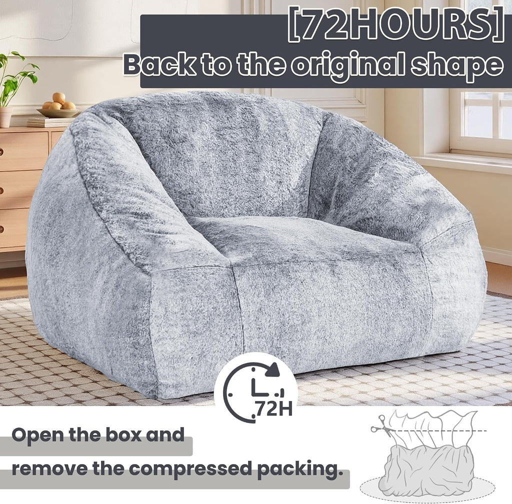 Bean Bag Chairs for Adults, Giant Beanbag Sofa Comfy Reading Chair, Oversized Bean Bag Chairs for Living Room Bedroom, Soft Faux Fur Fabric, 3.2FT, Dark Grey, Plush