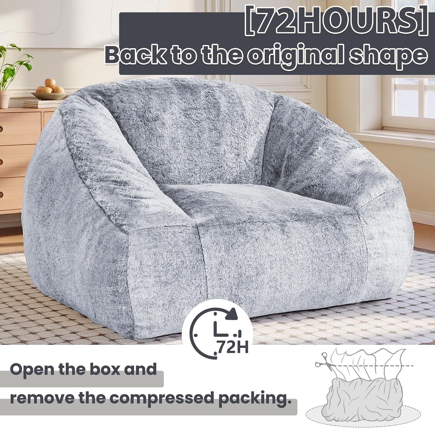Bean Bag Chairs for Adults, Giant Beanbag Sofa Comfy Reading Chair, Oversized Bean Bag Chairs for Living Room Bedroom, Soft Faux Fur Fabric, 3.2FT, Dark Grey, Plush