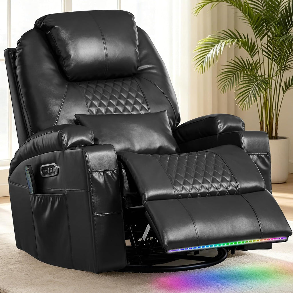 Dual Motor Power Swivel Rocker Recliner Chair for Adults with Heat and Massage,Electric Wall Hugger Glider Rocking Recliner for Nursery Living Room with LED Lights,USB A&C Ports(Black, Single)