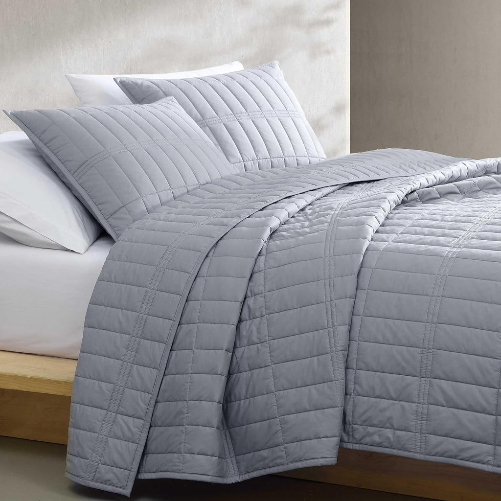 Calvin Klein - Queen Quilt Set, Cotton Percale Weave Bedding with Matching Shams, Crisp & Cool, Oeko-Tex Certified (Washed Percale Steel Blue)