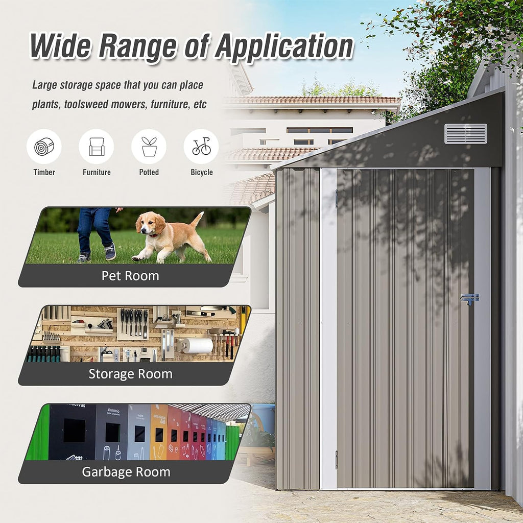 8 X 4 Ft Outdoor Storage Shed, Metal Garden Tool Shed with Lockable Door, Outdoor Door Storage Cabinet for Patio, Garage, Poolside, Bikes, and Garden (Gray)