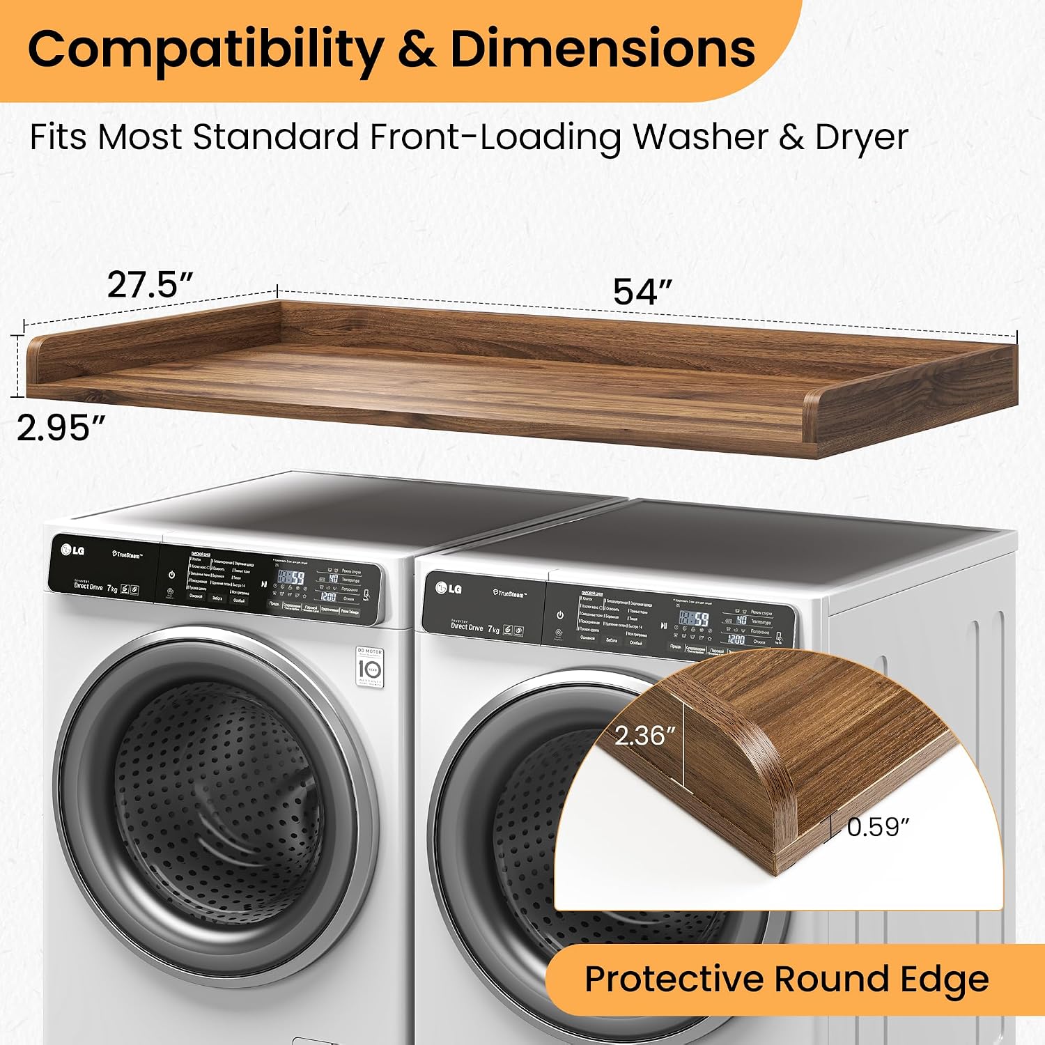 Washer Dryer Countertop, 27.5'x54' Wood Washer and Dryer Countertop with 2.95' Edge Rails, Laundry Machine Topper with Rounded Corner for Laundry Room Organization and Storage, Walnut