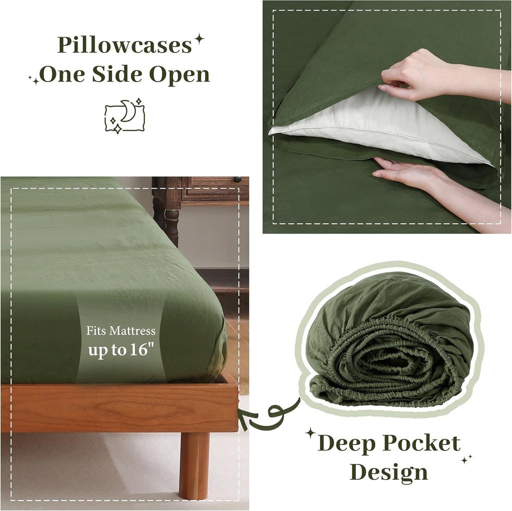 100% French Linen Sheets Set Cal King Size-4Pcs Natural Washed Flax Bed Sheets Soft Breathable and Durable- 1 Flat Sheet 1 Fitted Sheet 2 Pillowcases (Green, Cal King)