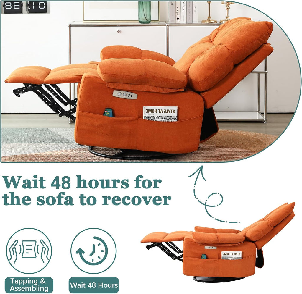 Power Swivel Rocker Recliner Chair Oversized for Adults, Electric Heated & Massage Chair Recliner with USB/Type-C, Fabric Nursery Recliner for Living Room,Bedroom, Orange