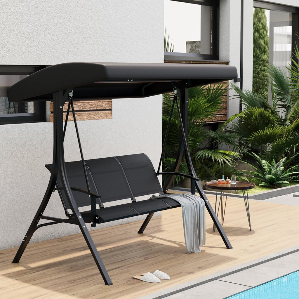 GarveeLife 3-Seat Patio Swing Chair, Outdoor Porch Hanging Swings with Adjustable Canopy and Armrests, Breathable Textilene Fabric Seat & Backrest, Swing Bench for Garden, Poolside, Backyard, Black