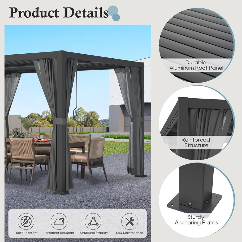 Outdoor Louvered Pergola 10'×12', Aluminum Louvered Pergola, Aluminum Outdoor Deck Gazebo with Adjustable Roof & Curtains, for Garden, Patio, Backyard, lawns, Beach (Black, 10' × 12' with Curtain)