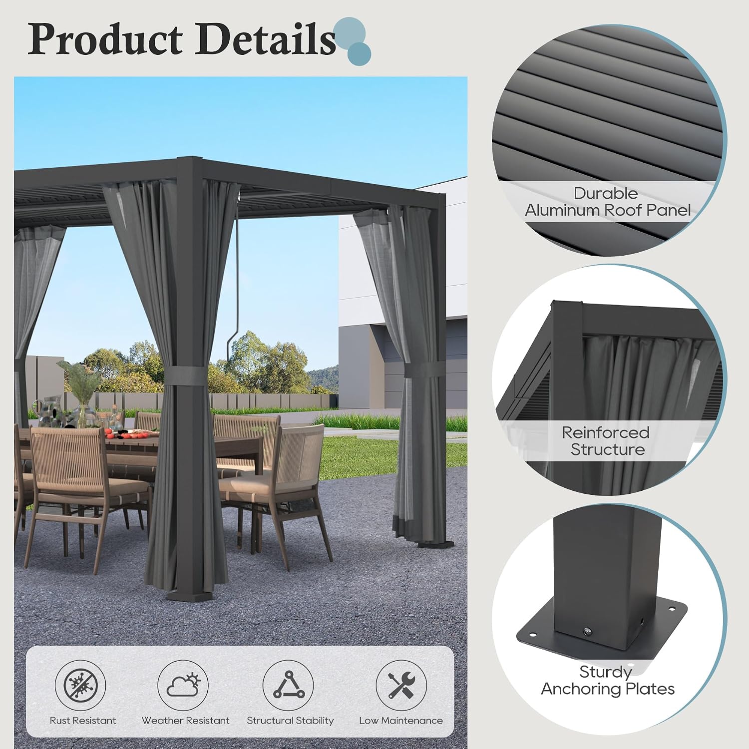 Outdoor Louvered Pergola 10'×12', Aluminum Louvered Pergola, Aluminum Outdoor Deck Gazebo with Adjustable Roof & Curtains, for Garden, Patio, Backyard, lawns, Beach (Black, 10' × 12' with Curtain)