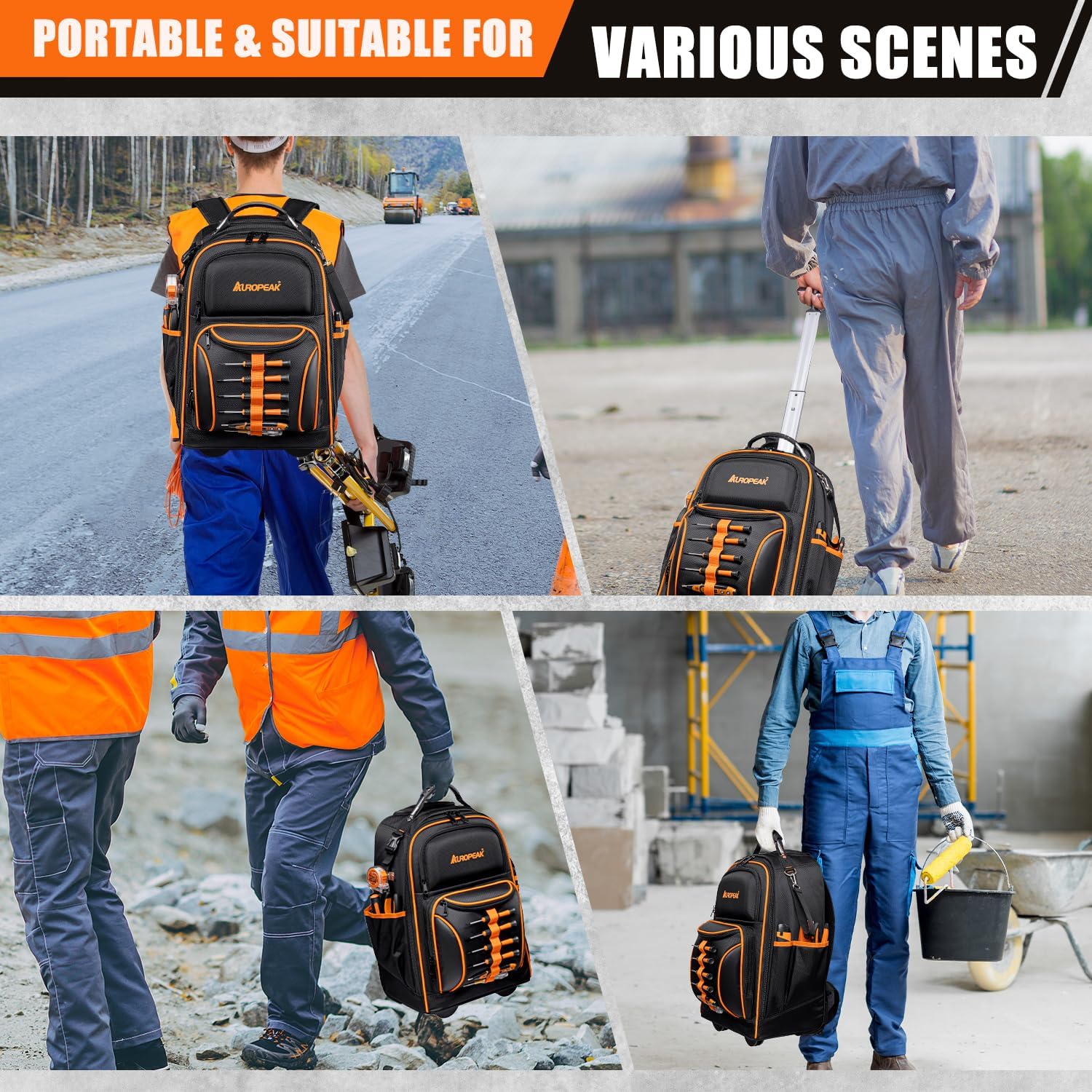 2-In-1 Rolling Tool Backpack Heavy Duty, Rolling Tool Bag with Wheels, 63-Pocket Tool Bags for Men, Waterproof Rolling Tool Backpack for Hvac Electrician Construction Mechanic