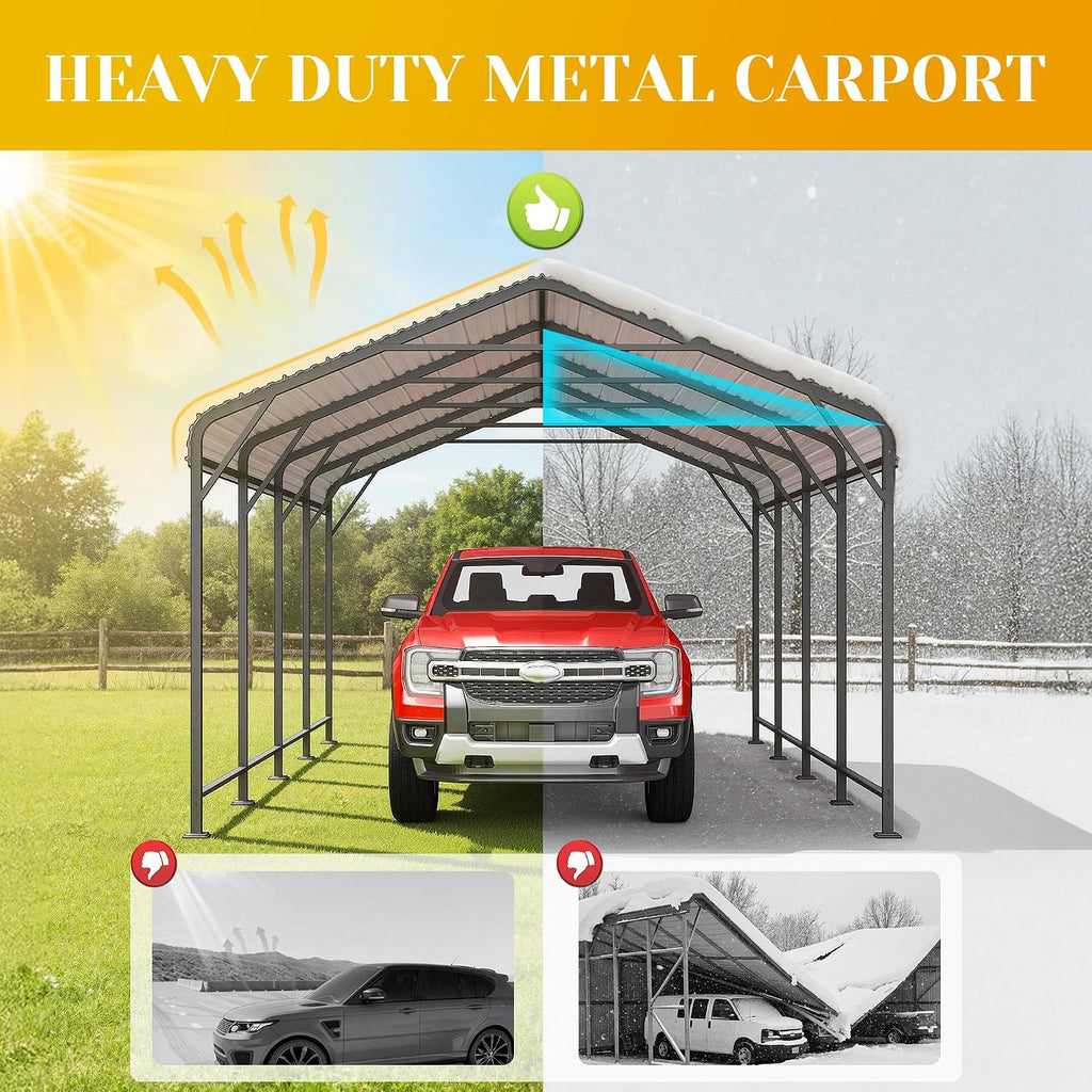 12x20FT Metal Carport, Heavy Duty Carport Canopy with Reinforced Frame and Base for All-Weather, Outdoor Garage Car Port for Pickup Trucks, Boats, Tractors or Party