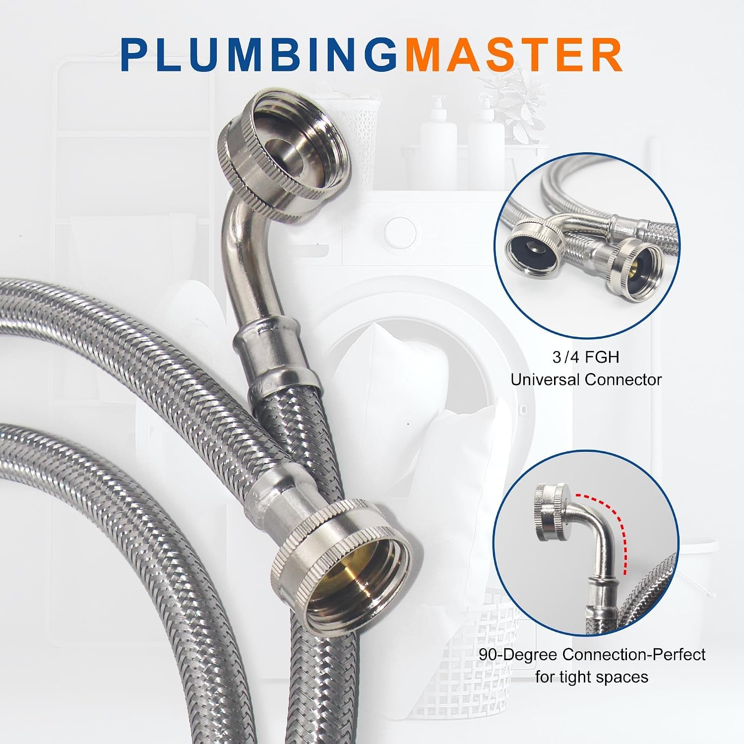 （40 Pack）PLUMBINGMASTER 5Ft Washing Machine Hoses, Washer Hoses with 90 Degree Elbows Universal Stainless Steel Washing Machine Supply Lines Braided Washer Hoses for Washing Machine 20 Pairs