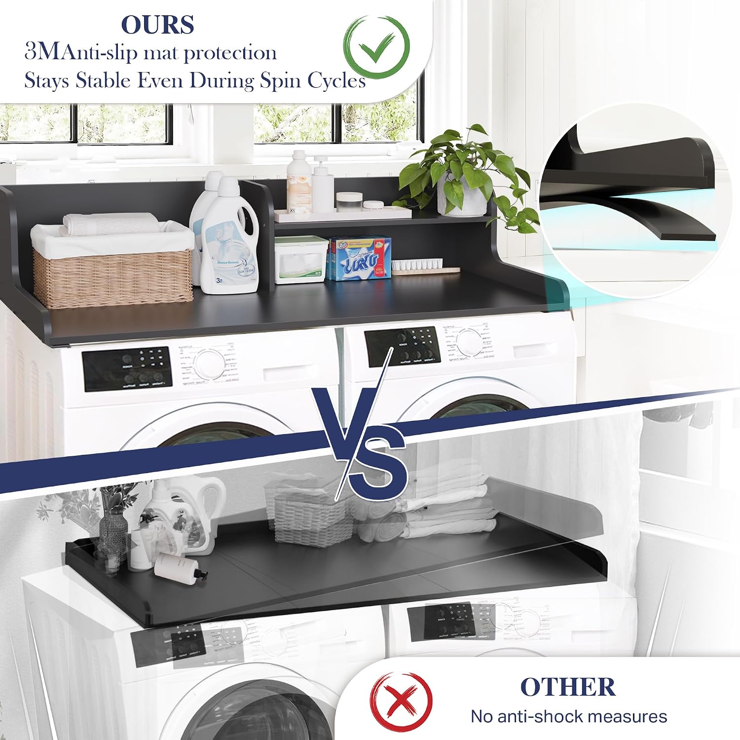 DTK Washer Dryer Wood Countertop with Shelf, Laundry Topper with Non-Slip Mat,27.55' Depth x 54' Width Dryer Covers for The Top with Edge Rails, Black