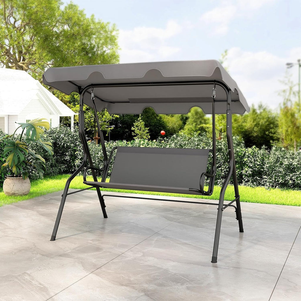 DREAMADE Porch Swing Outdoor, 3 Person Patio Swing w/Removable Cushion, Stand & Adjustable Canopy, Heavy Duty Swing Chair for Patio, Garden, Courtyard, Poolside