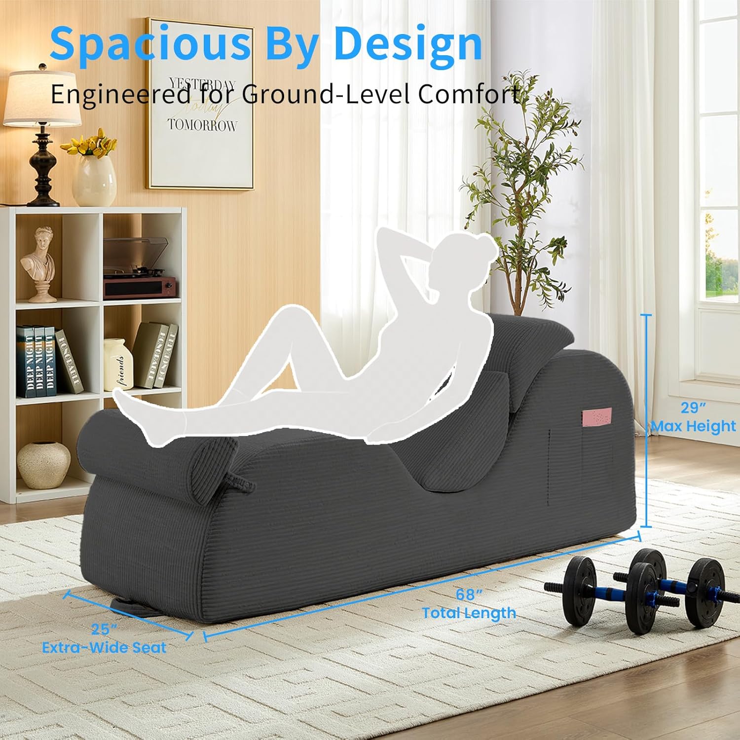 ijuicy 25' Wide Ergonomic Stretch Yoga Chair, Modern Floor Relax Chaise Lounge Chair with Adjustable Headrest, Waist Support Cushion, Movable Footrest & Side Pockets-Light Grey