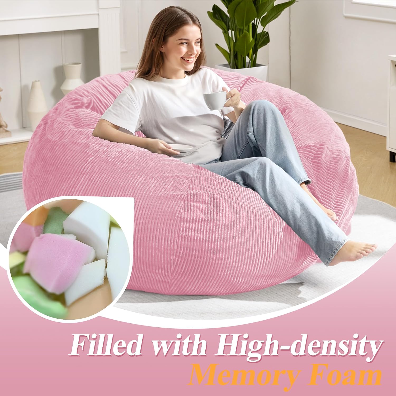 5FT Bean Bag Chairs Teardrop Bean Bag Chair for Adults Beanbag Chair with Memory Foam Filled Machine Washable Cover for Living Room, Bedroom