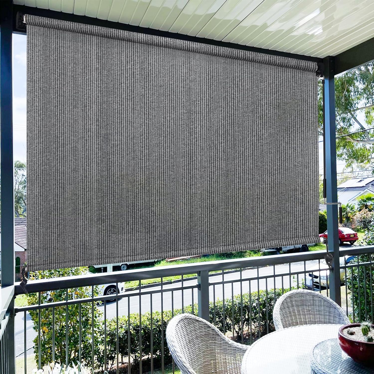 Amagenix Outdoor Roller Shades, 220GSM HDPE Exterior Cordless Patio Shades Roll Up Outdoor Blinds for Porch Gazebo 10'(W) x 8'(H), Spliced Poles Design, Grey